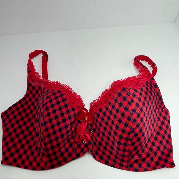 Frederick’s Of Hollywood Lightly Lined Bra Womens Size 42DD Red Plaid Underwire - Picture 1 of 11